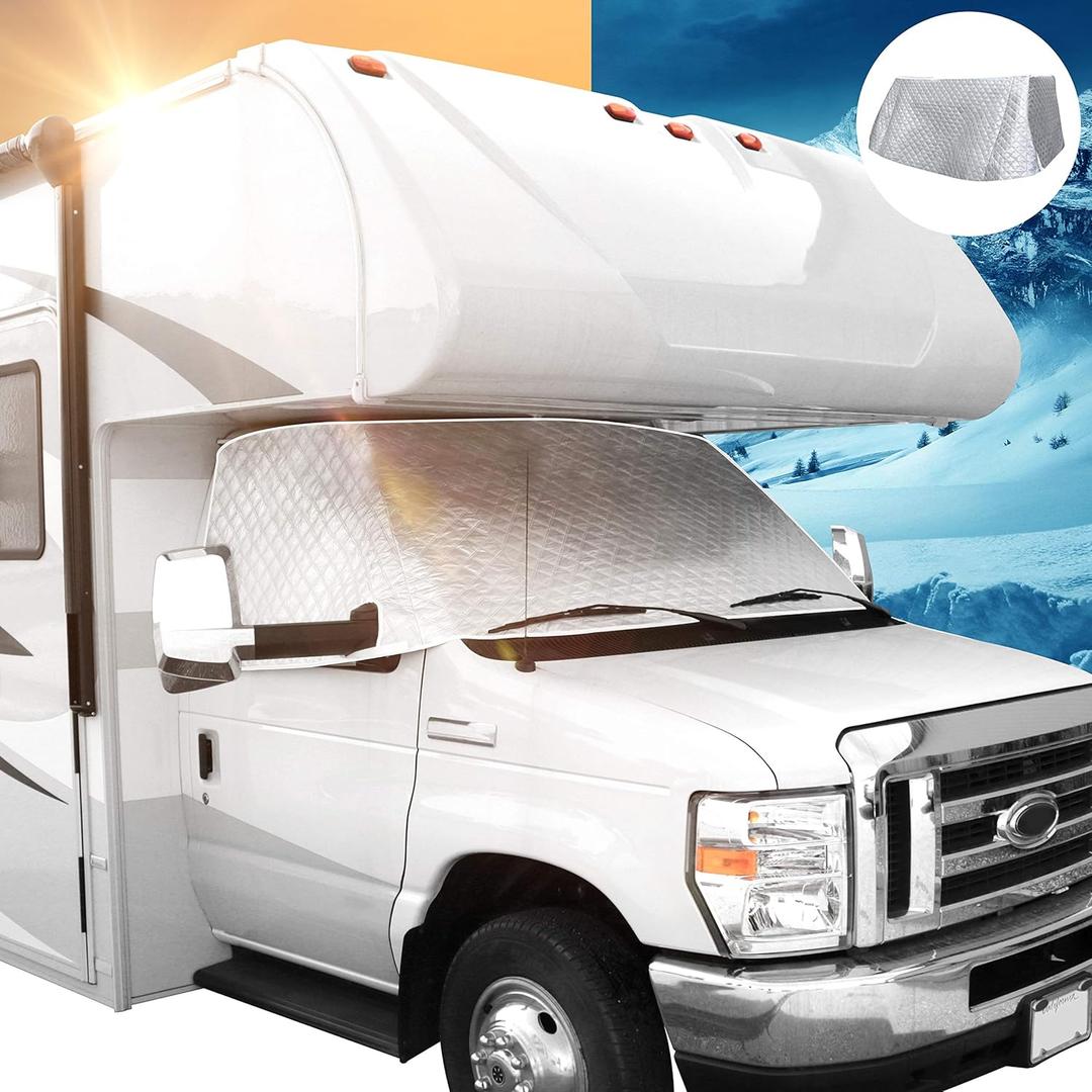 RV Windshield Window Cover for Class C Ford 1997-2021 Motorhome Windshield Snow Cover for RV Front Window Sunshade Cover RV Accessories 4 Layers with Mirror Cutouts Silver