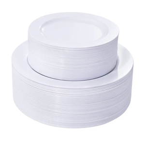 FLOWERCAT 100PCS White Plastic Plates-Heavy Duty White Disposable Plates for Christmas/Easter/Party/Wedding -Serve 50 guests 10.25inch & 7.5inch
