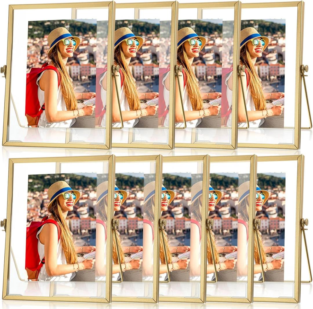 Treela 9 Pieces 5 x 7 Inch Picture Floating Frames Metal Glass Photo Vintage Brass Frames Vertical Geometric Desk Decorations Christmas Gifts (Gold)