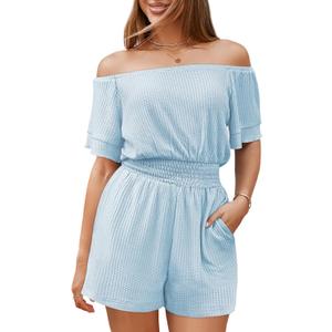 Fixmatti Womens Off The Shoulder Romper Short Sleeve Smocked Waist Mini Jumpsuit with pockets (S)