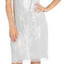 Elegant 2-Piece Foil Print Knee-Length Dress W/Flowing Mesh Jacket - Shimmering Lace Floral Outfit for Special Occasions. (Silver, 6)