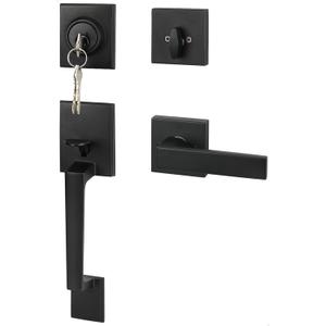 goldenwarm Front Door Handle and Deadbolt Set, Black Front Door Lock Set with Reversible Handle Lever, Modern Front Door Hardware, Single Cylinder Front Door Entry Lock, Front Door Handles and Locks (Square + Deadbolt, Matte Black)