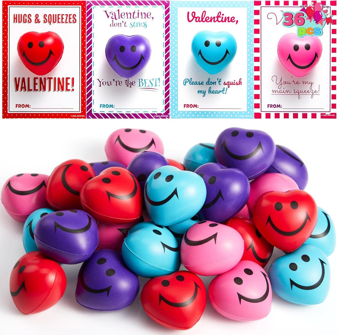 JOYIN 36 Packs Heart Shape Stress Ball with Cards Stress Relief Fidget Toy for Valentine Party Favors, Classroom Prize Supplies, Valentines Greeting Cards, Valentine Exchange Gifts