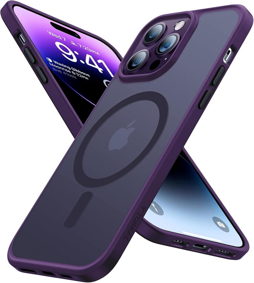 TORRAS Stronger Magnetic for iPhone 14 Pro Case, 12 FT Military Grade Drop Tested, Compatible with MagSafe, Slim Protective Matte Silicone for iPhone 14 Pro Phone Case, Translucent Back/Purple Edge (for iPhone 14 Pro, 4 Translucent Purple)
