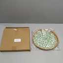 Round Rattan Tray with Mother of Pearl Inlay, Decorative Wicker Serving Tray with Wooden Base, Woven Basket Trays for Bread Fruits Coffee, Leaf