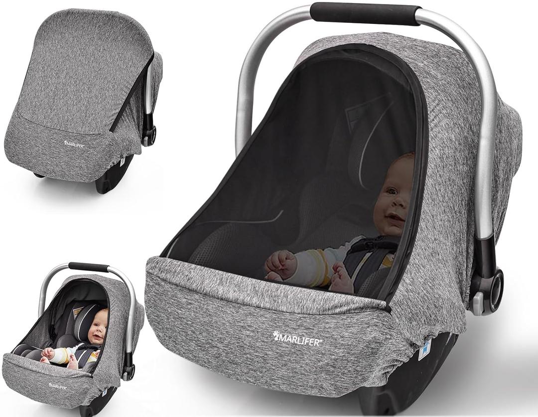 Baby Car Seat Cover, Large Mesh Window, Breathable Fabric, Infant Windproof Canopy, Universal Fit CarSeat Covers for Babies, Machine Washable, Gray
