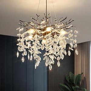 EGM Black Tree Branch Crystal Chandelier, 18 Inch Modern Dining Room Crystal Chandelier 6-Light(E12), Hanging Round Chandeliers for Living Room Bedroom Foyer