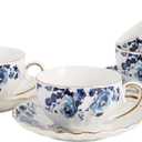 Agyiuns ceramic tea cup and saucer set of 4,floral teacup sets for Coffee, Latte, Cafe Mocha and Tea (Dark blue flowers)