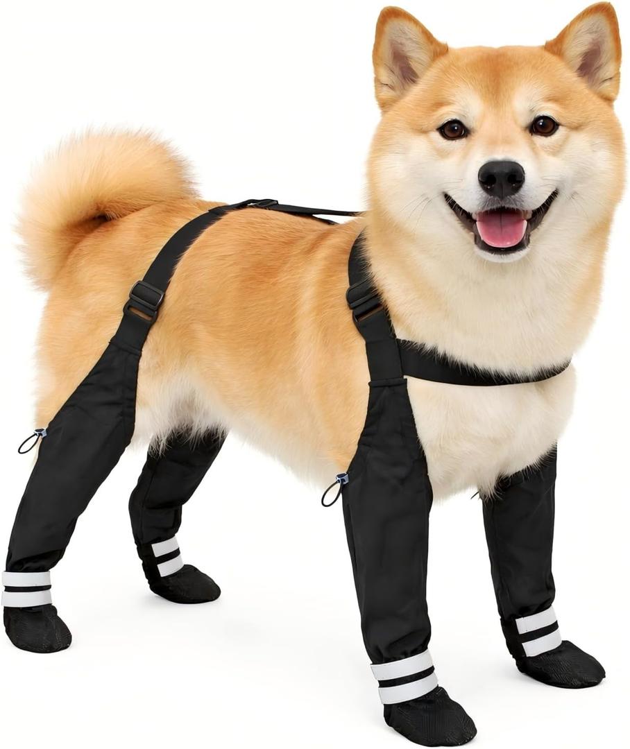 Dog Suspender Boots for Medium Dogs Waterproof & Non-Slip Dog Paw Protectors with Adjustable Straps & Reflective Strips, All-in-One Connected Dog Boots for Outdoor Walks, Snow, Rain, Hiking (M)