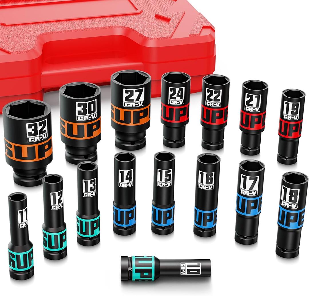 Aurlloct 16Pcs 1/2" Drive Impact Socket Set, 10-32 mm Hex Long Socket Set, Repair Automotive Truck Tractor Engine Maintenance