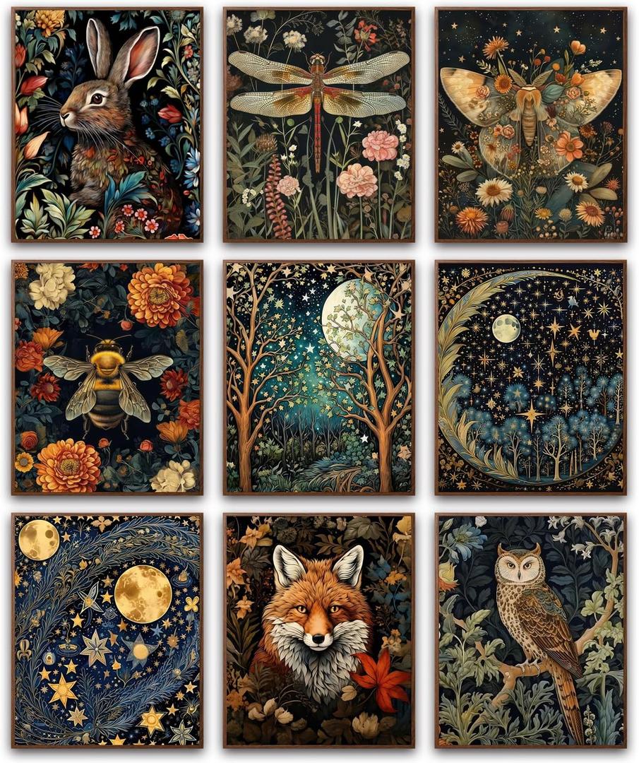 Morris Wall Paintings poster Set of 9, Vintage Rabbit Fox Starry Sky Bee Butterfly Dragonfly Poster Prints, Botanical Nature Floral Canvas Wall Decor Paintings for Living Room Bedroom Bathroom 10x8 In, William Morris