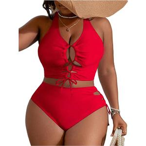 SOLY HUX Women's Plus Size Bikini Set Sexy Swimsuit Lace Up Tummy Control 2 Piece Bathing Suit Plain Red  2XL, 20 W