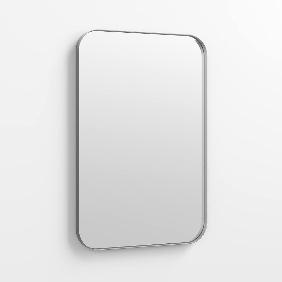20" x 30" Silver Metal Framed Mirror | Rectangle Bathroom Wall Mirror | Rounded Corner