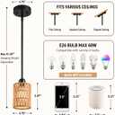 Rattan Pendant Light, 6 Inch 2-in-1 Boho Hanging Fixture with Iron Rods & Linen Shade, Adjustable Height & Sloped Ceiling Compatible for Kitchen Island Dining Room Farmhouse Bedroom, 2 Pack
