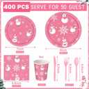 Pickmesh 400 Pcs Winter Snowflake Plates and Napkins Set Snowman Snowflake Dinnerware Disposable Tableware Set with Cups Knives Forks Spoons for Winter Party Supplies Table Decor, Serves 50(Pink)