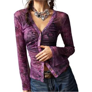 Women's Boho Paisley Button Down T-Shirt V-Neck Vintage Y2K Long Sleeve Fitted Fall Tee Tops (X-Large, Purple)