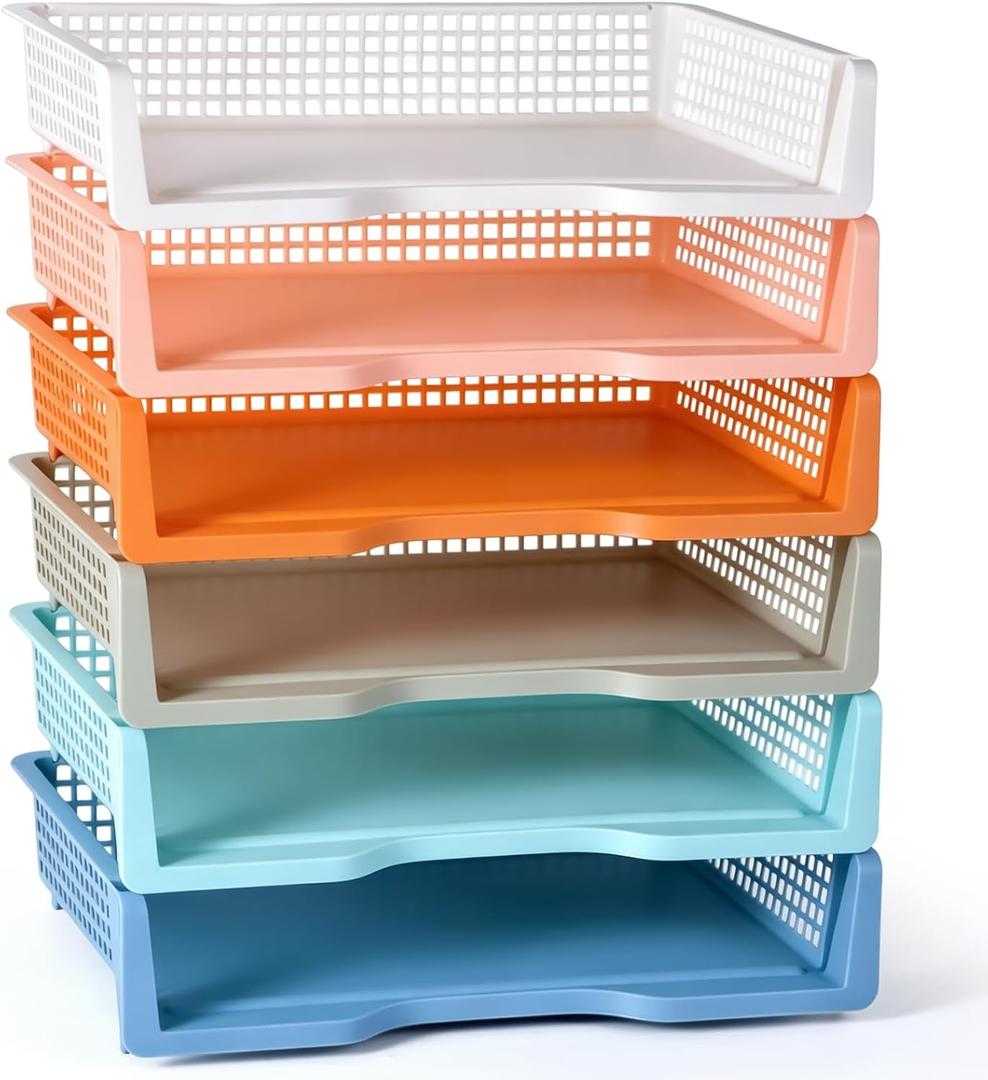 ZZYFGH 6 Pack in Trays for Teachers, Plastic Classroom Paper Organizers, Colorful Storage Baskets for Office, Stackable Office Desktop Document Paper Storage(13.4 * 9.5 * 2.7in) (6 PCS)