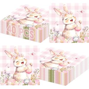 2 x 40 Pcs Easter Napkins Paper with Pink Buffalo Plaid Cute Bunny and Easter Eggs, Disposable Spring Party Paper Dinner Cocktail Square Napkin Set for Easters Party Decor Supplies Table Decorations Favor