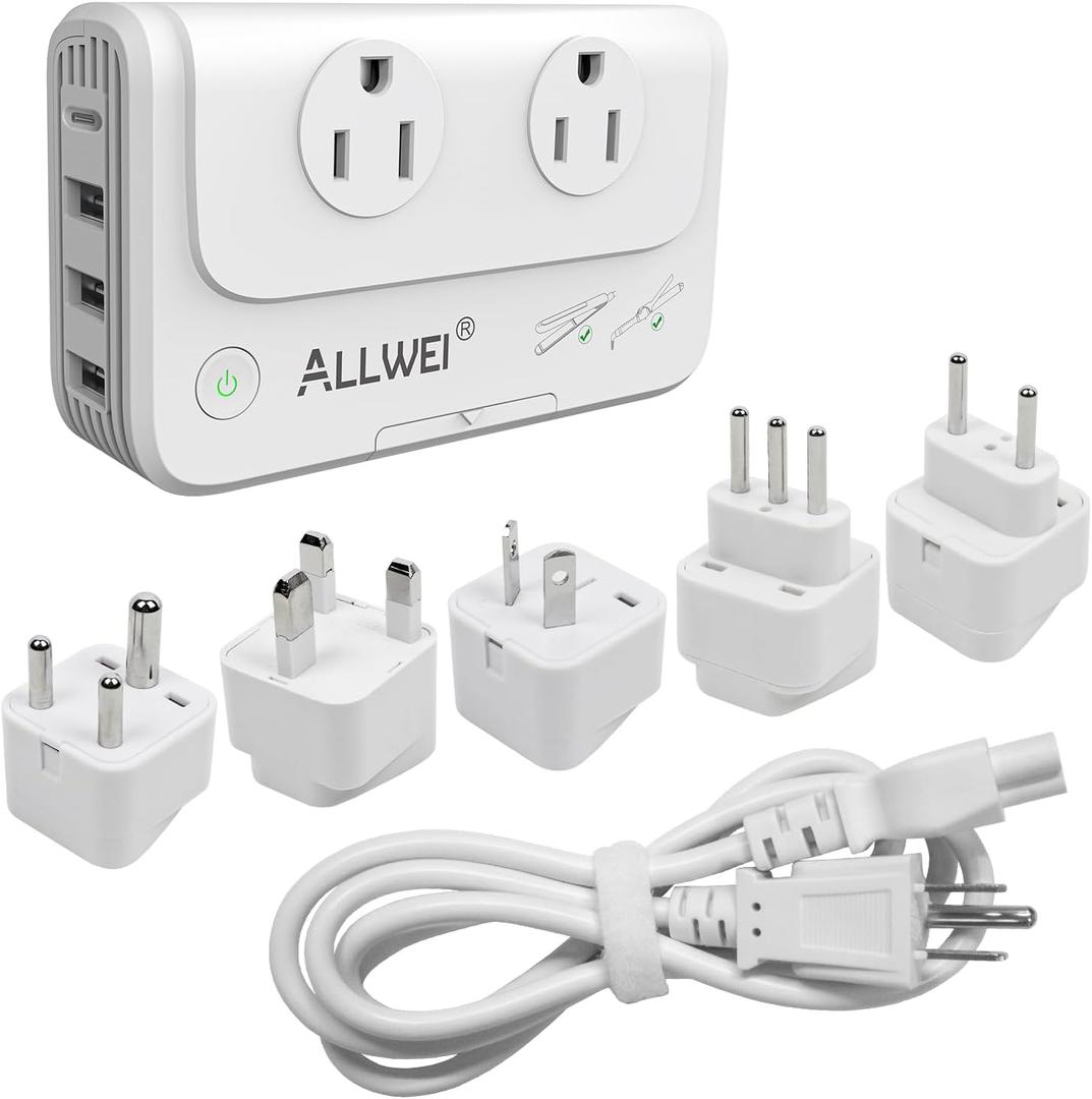 ALLWEI International Travel Adapter 220V to 110V Power Voltage Converter for Hair Straightener/Curling Iron, Universal Power Plug Adapter UK, US, AU, EU, IT, India (White)