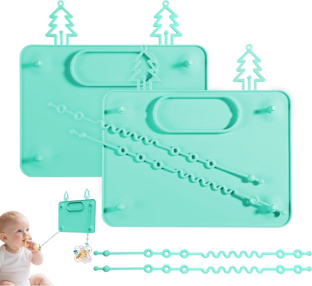 Baby Silicone Mat, 2 Pack Improved Suction Cups and 4 Stretchable Straps Silicone Baby Placemats for Toddlers, Keeps Babies Essentials Off The Floor, Green