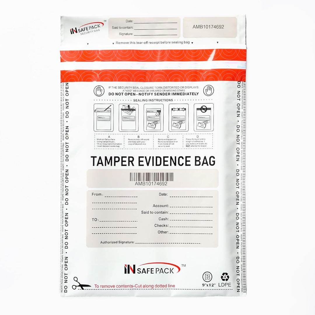 INSAFEPACK 100PCS 9"x12" Business Bank Deposit Bags - High Level Security Tamper Evident Bag - Self Adhesion Plastic Security Deposit Bag