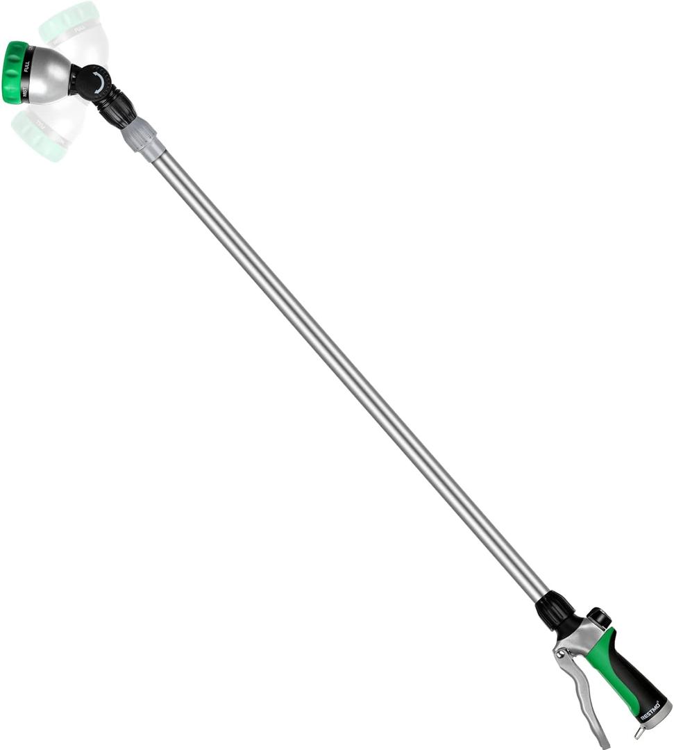 RESTMO 36-60 (3ft-5ft) Metal Watering Wand, Long Telescopic Tube | 180 Adjustable Ratcheting Head | 7 Spray Patterns | Flow Control, Perfect Garden Hose Sprayer to Water Hanging Baskets, Shrubs (Green)