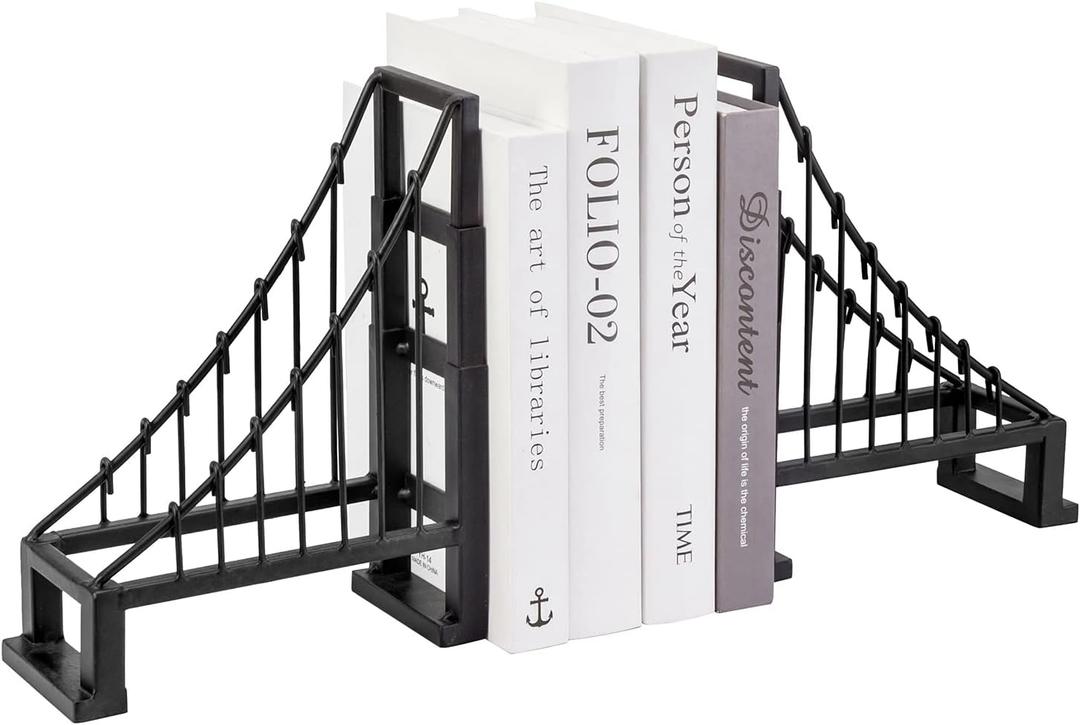 MyGift Decorative Bookends for Heavy Books, Black Metal Suspension Bridge Design Book End Shelf Decor, Architect Book Stopper Holder Stand, 2 Pcs Set