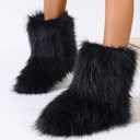 Women's Faux Fur Boots Furry Mid Calf Fur Boots Winter Warm Plush Surface Snow Boots Comfortable Outdoor Flat Shoes (Black)