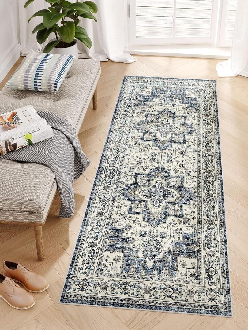 Dripex Tribal Washable Runner Rug-2x5 Non-Slip Non-Shedding Runners for Hallways Stain Resistant Kitchen Mat Laundry Entryway Carpet Runner for Doorway Entrance Bedroom Living Room Decor (Dark Blue/Cream)