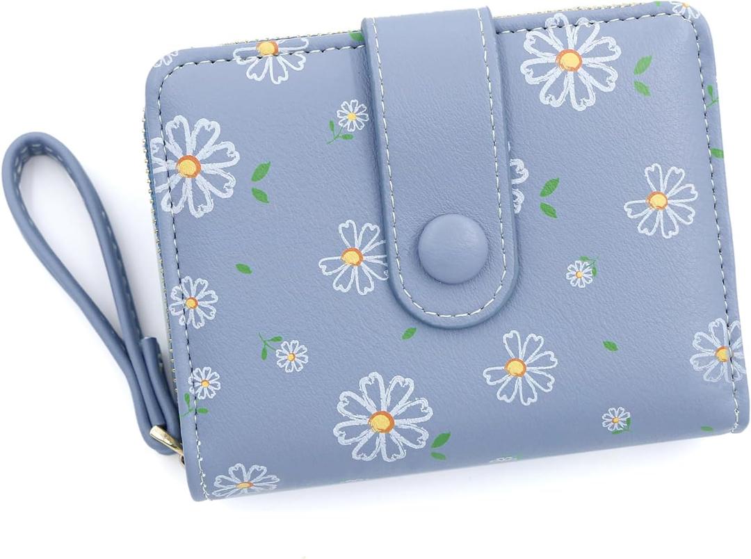 Small Wallets for Women Leather Bifold Zipper Pocket Colorful Flowers Wallet Credit Card Holder with ID Window