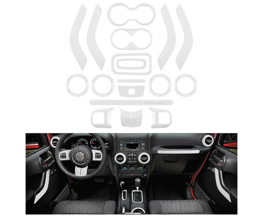 E-cowlboy 18 PCS Full Set Interior Decoration Trim Kit Steering Wheel Center Console Door Handle Air Conditioning Vent Cup Holder Gear Cover Trim for Jeep Wrangler JK JKU 2011-2018 4-Door (White)