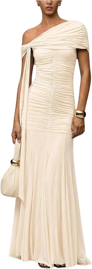 Verdusa Women's Corset Dress Wedding Guest Dresses Statement Holiday Off Shoulder Ruched Mesh Formal Outfits Apricot Medium