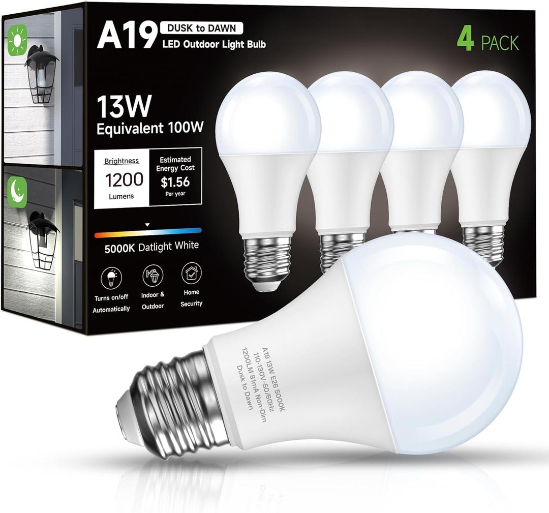 Dusk to Dawn Sensor LED Outdoor Light Bulb, Daylight White 5000K, A19 13W(100 Watt Equivalent) Bright Porch Lighting, 1200LM, Auto-On/Off Photocell Sensor for Garage Yard Patio Garden-4 Pack