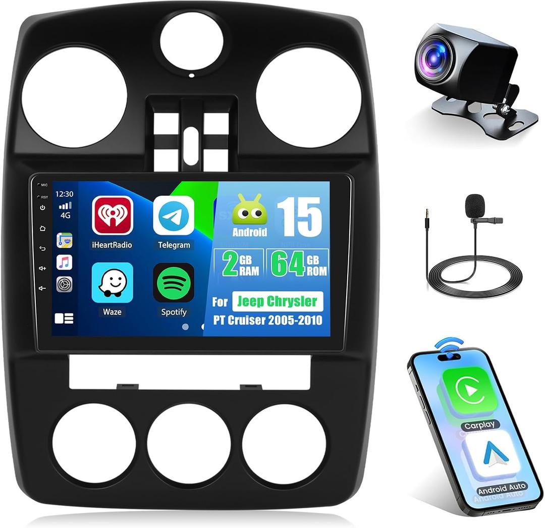 [2G+64G] for Chrysler PT Cruiser 2005-2010 Android Car Stereo with Wireless Carplay Android Auto, 9 Inch HD Touch Screen Radio with GPS WiFi Bluetooth FM/RDS EQ SWC