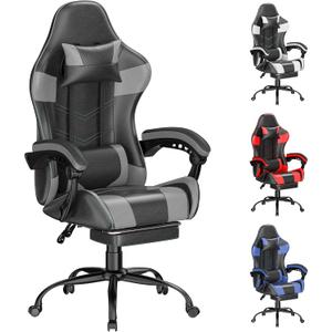 Gaming Chair with Footrest, Ergonomic Video Game Chair for Adults, Grey, 26.4 inches x 26 inches x 49.6 inches