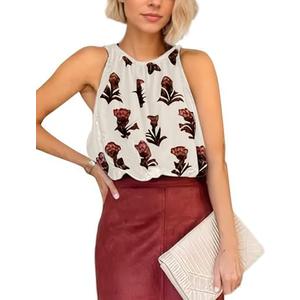 HOCANDY Womens Velvet Bubble Tank Top Floral Velvet Crop Tank Tops Crew Neck Racerback Sleeveless Flower Printed Cropped Top Apricot , Size Small