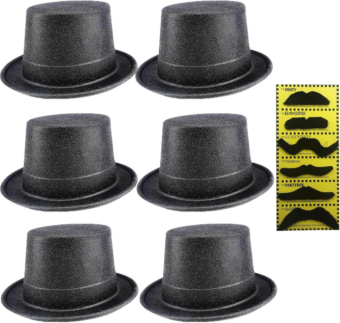 6 Pcs Adults Top Hats Plastic Magician Hat Costume Hat with Beard for Men and Women Stage Party Cosplay Supplies (Black)