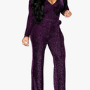 LightlyKiss Women Casual Sexy V Neck Sparkly Jumpsuits Long Sleeve Onesie Loose Pants Party Clubwear with Belt, XL