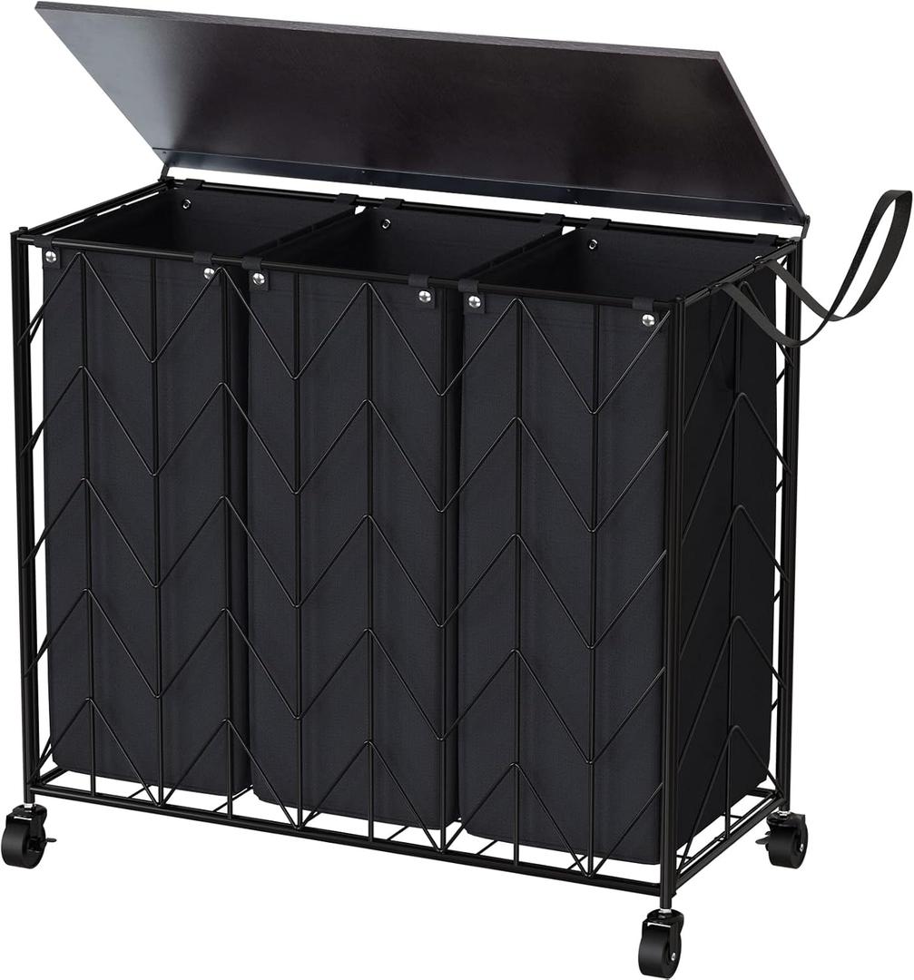WOWLIVE Laundry Basket with Wheels, 142L Hamper 3 Section with Lid, Dirty Clothes Hamper with Removable Bags, Large Capacity Iron-Made Organizer Laundry Sorter for Dorm, Black (142L(28.35 x 13 x 26.4 Inches))