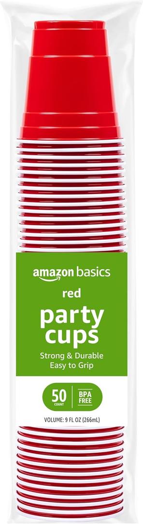 Amazon Basics SMALL 9OZ Disposable Plastic Party Cups, Red, 50 Count, Great For Kids