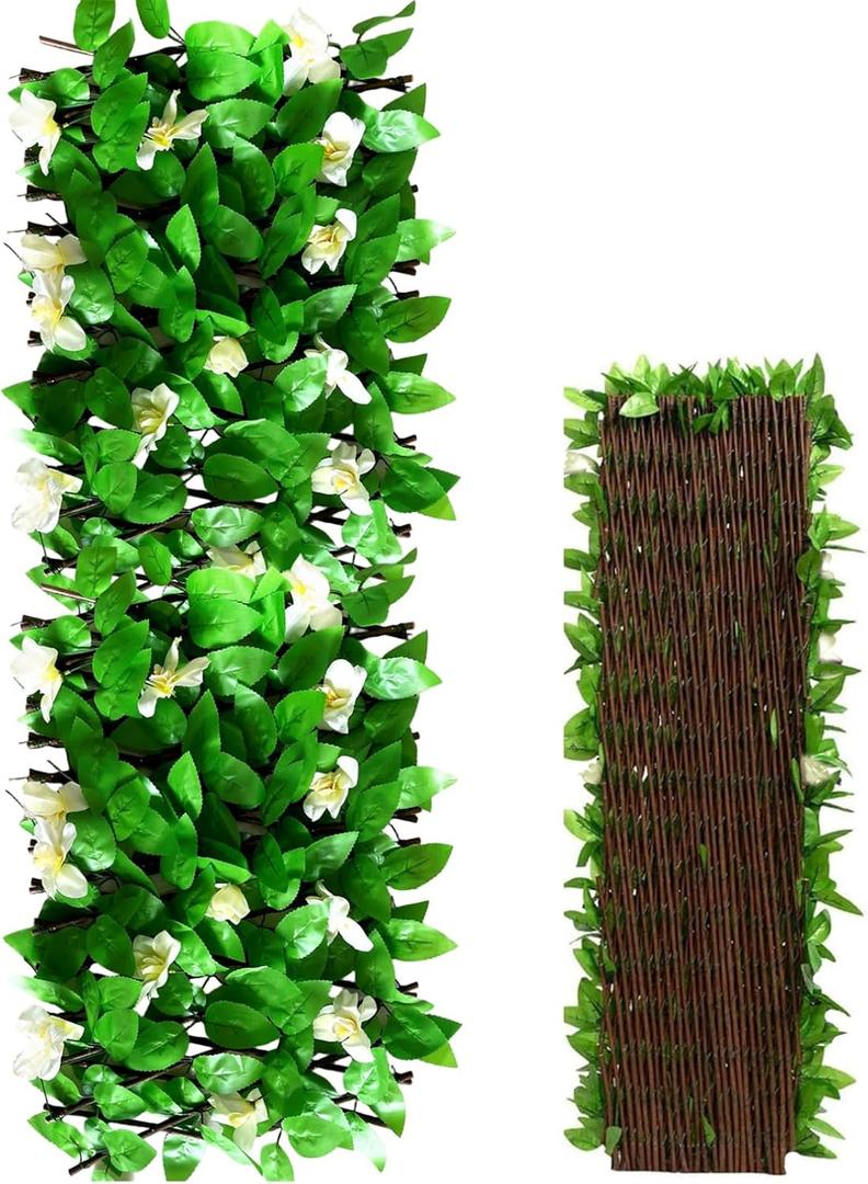 Expandable Fence Privacy Screen Wood Privacy Pence with Silk Orchids & Leaves Decorative Screen for Yard, Garden, Wall, Window