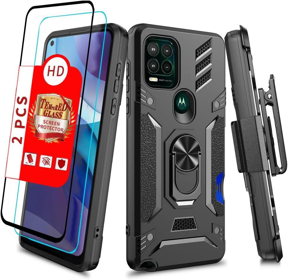 Shockproof Military Grade Drop Tested Phone Case with Ring Holster Belt Clip Card Holder Screen Protector Fits for Moto G Stylus 5G 2021 6.8" (Black)