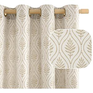 BGment Beige Linen Curtains for Living Room, French Country Leaf Jacquard Botanical Pattern Cottage Core Boho Vintage Grommet Light Filtering Semi Sheer Linen Curtains, 2 Panels, 52 x 84 Inch