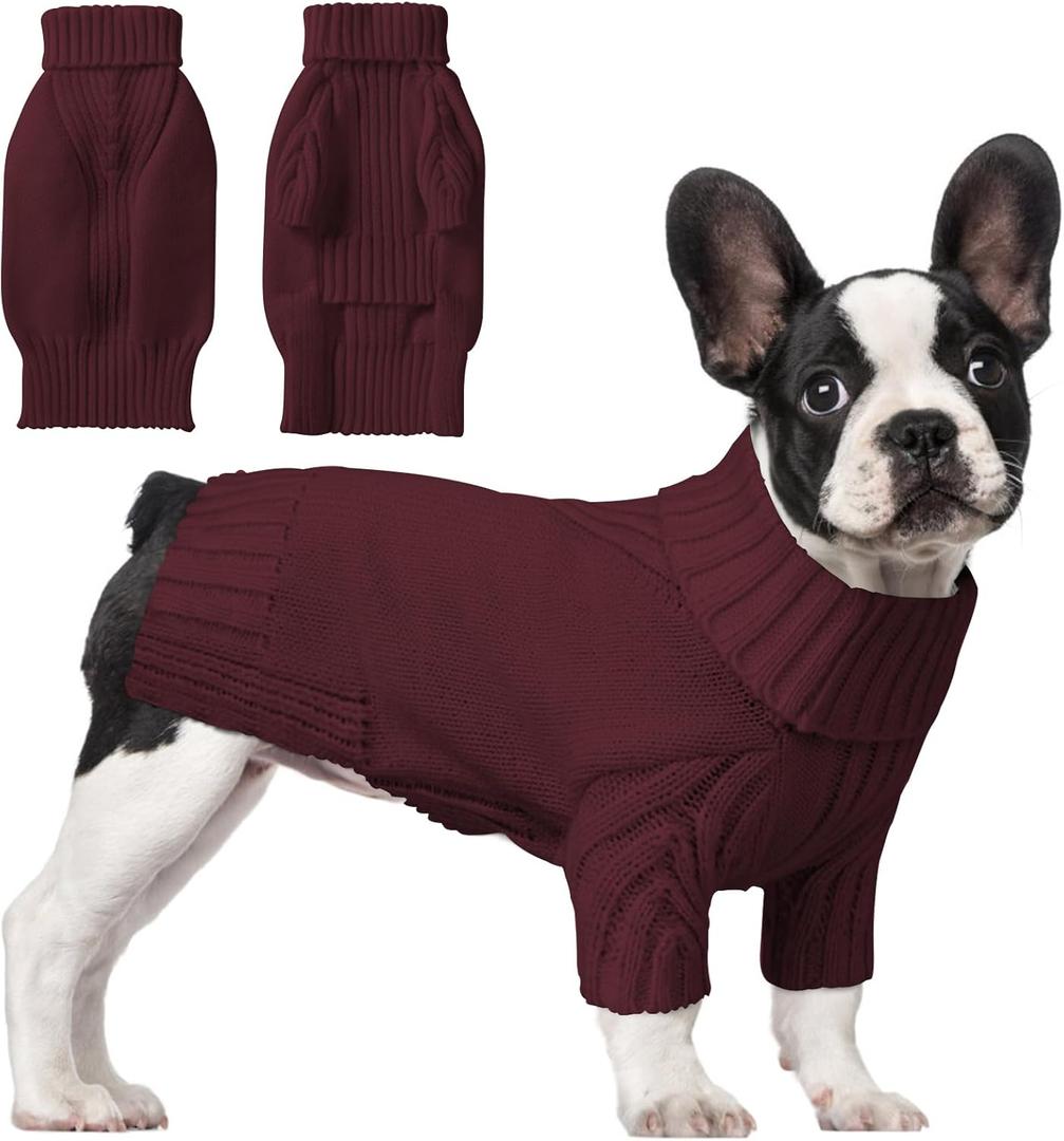 Dog Sweaters for Small Medium Large Dog, Classic Turtleneck Pet Clothes Warm Thermal Doggy Winter Coat, Thick Double Knitting Collar Pullover Cold Weather Puppy Jacket for Indoor & Outdoor Wear (Burgundy, S)