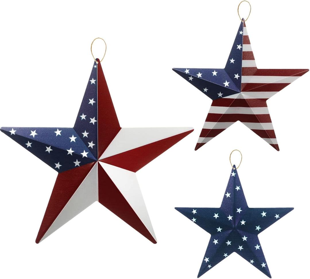 Funrous 3 Pieces 4th of July Decorations Outdoor 12'' 8'' and 6'' Patriotic Metal Stars for Outside American Flag Stars 3D Wall Art Fourth of July Red, Blue, White Barn Memorial Day Wall Decor