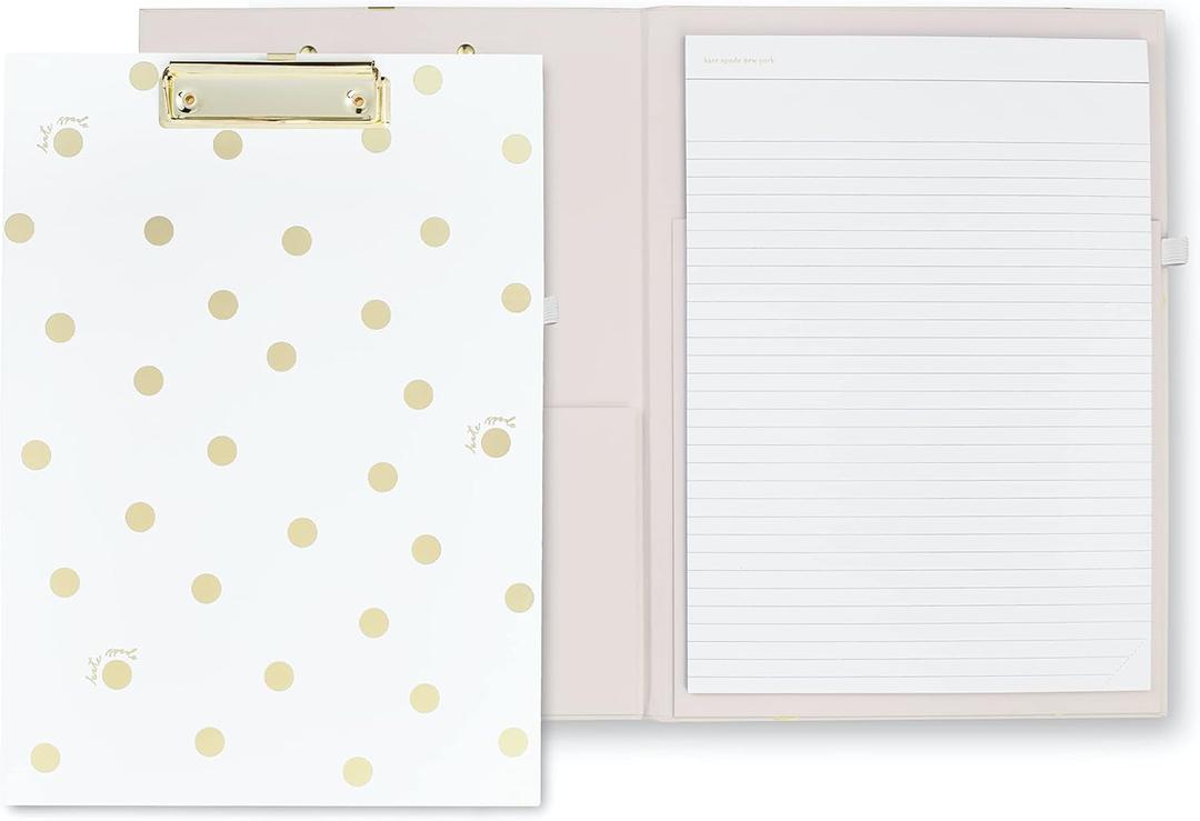 Kate Spade New York A4 Clipboard Folio with Low Profile Clip, Professional Padfolio Includes Lined Notepad, Pen Loop, and Pocket, Gold Dot with Script