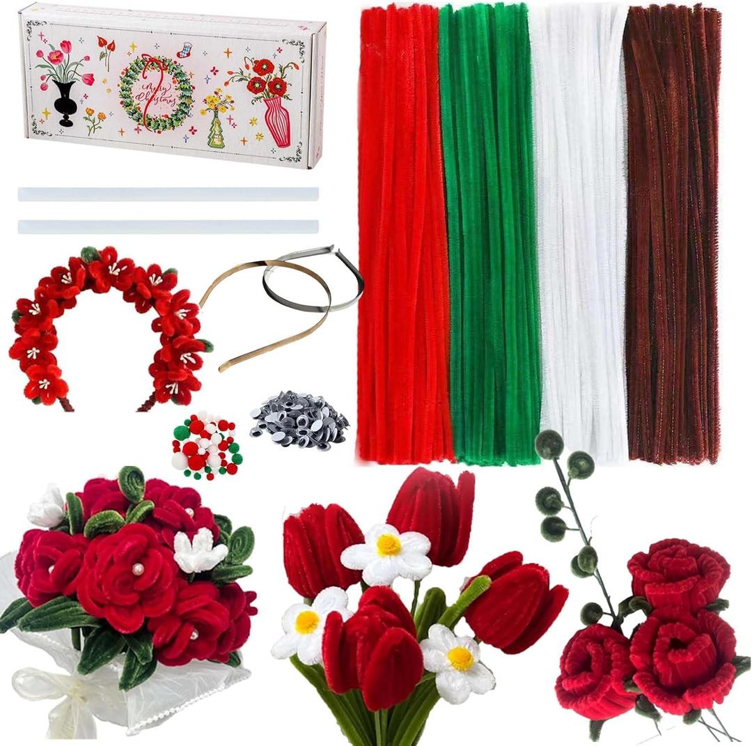 JollyPetal&Twig Present Box Pipe Cleaners Craft,Chenille Stems Plush Craft Kit 4 Colors,White Pipe Cleaners Kit for Wedding Gifts 200PCS (Chrismas)