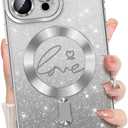 Misscase for iPhone 16 Pro Case Magnetic Glitter with Full Camera Lens Protector,[Compatible with MagSafe] Cute Glitter Bling Sparkly Love Hearts Plating Cover Phone Case for Women Girls-Silver
