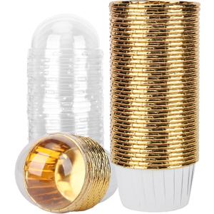 EUSOAR Mini Cupcake Liners, 3.5oz 50pcs Disposable Aluminum Foil Muffin Liners, Mini Cookies Wrappers Holders Cake Baking Cups Pans with Lids for Wedding Birthday Party Picnic Camping-White/Gold