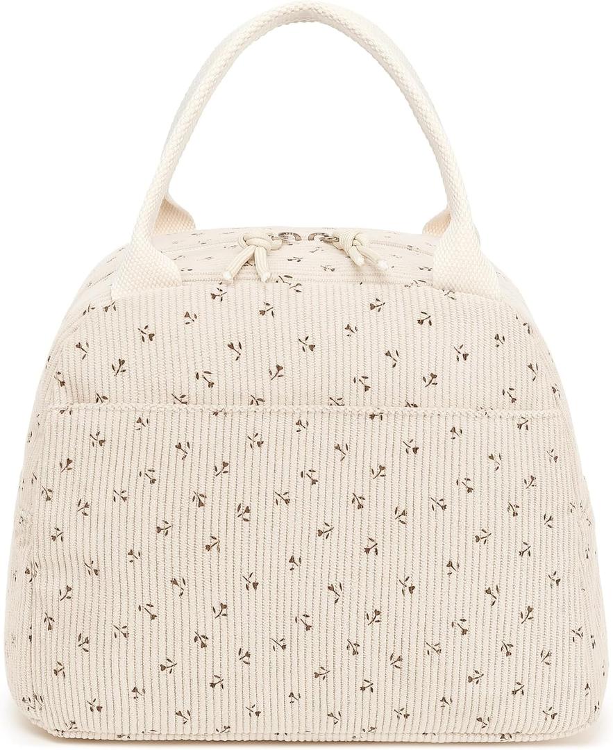 Bluboon Lunch Bag for Women Men Cute Corduroy Lunch Tote Bags Reusable Insulated Lunch Box Large Capacity Reusable Insulated Cooler for Work Picnic or Travel (Medium(10L), Red Flower Beige)